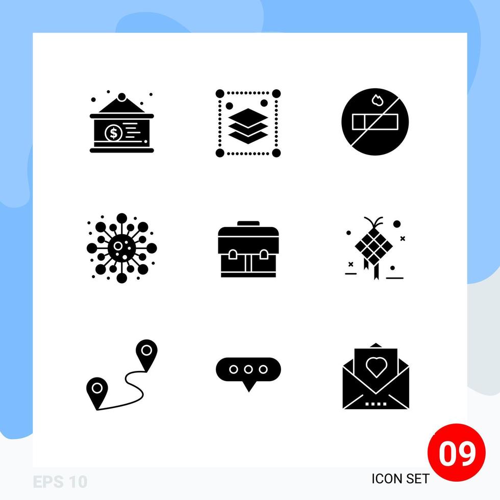Editable Vector Line Pack of 9 Simple Solid Glyphs of decoration education nonsmoking bag science Editable Vector Design Elements