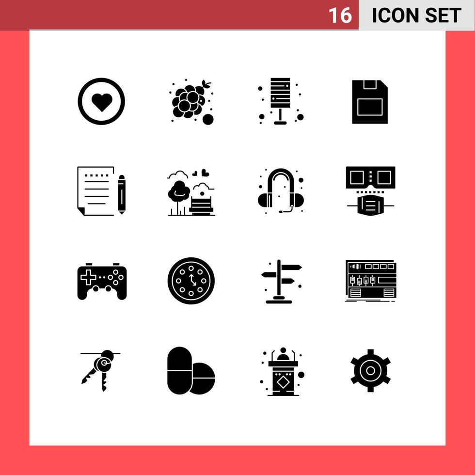 16 Thematic Vector Solid Glyphs and Editable Symbols of data memory card summer card lamp Editable Vector Design Elements