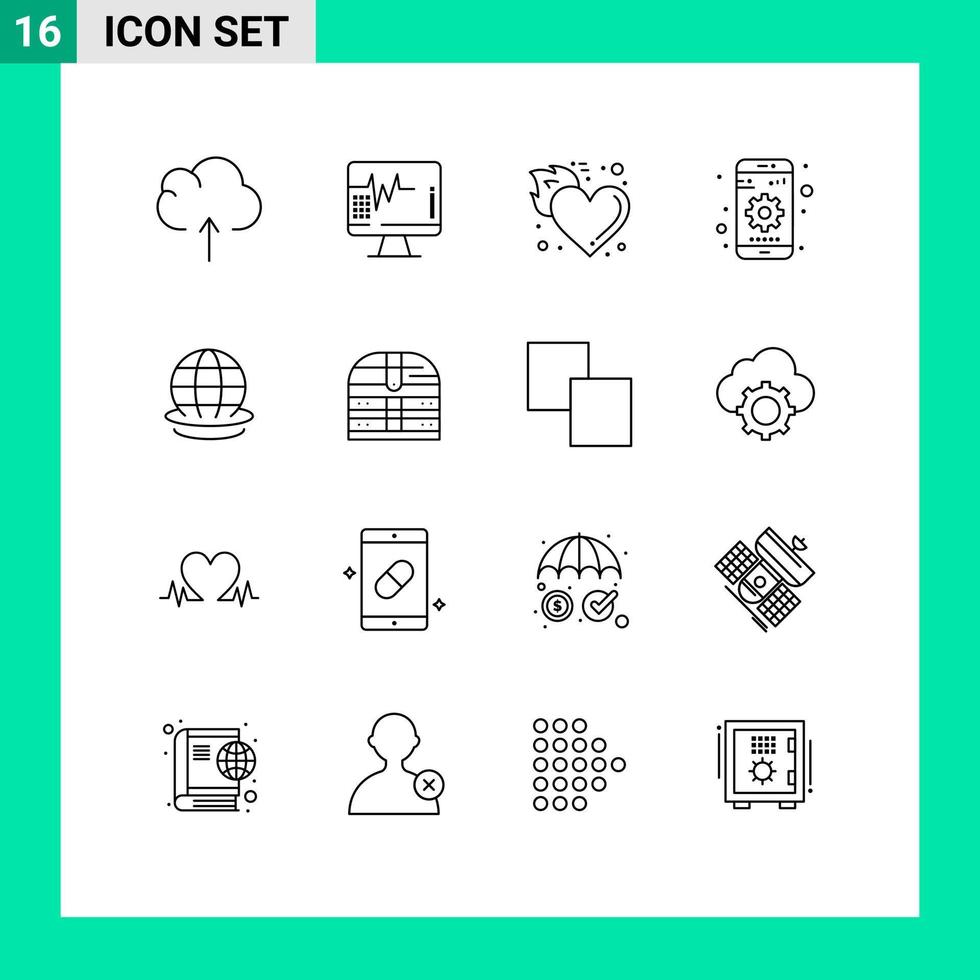 Mobile Interface Outline Set of 16 Pictograms of globe device flame setting gear Editable Vector Design Elements