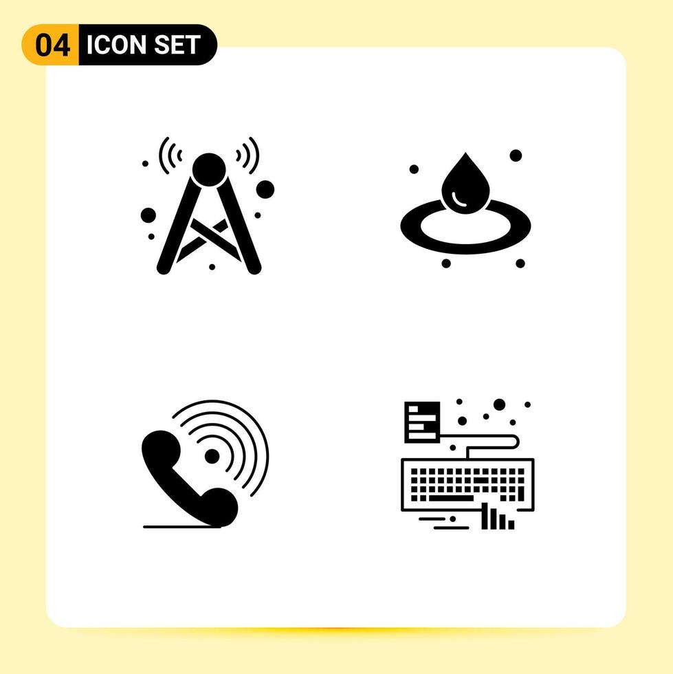 Pack of 4 creative Solid Glyphs of tower phone network droop ring Editable Vector Design Elements