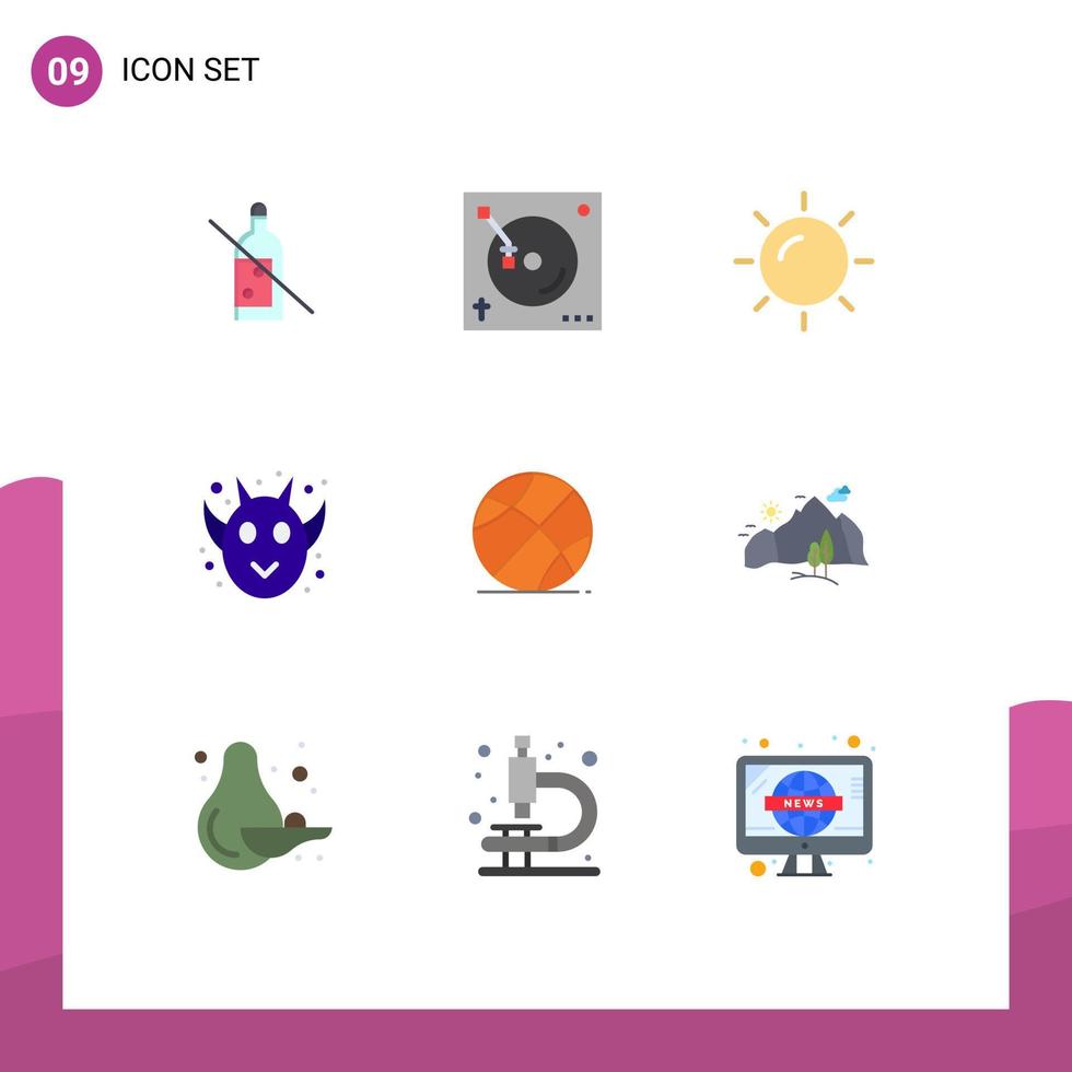 9 colores planos universales establecidos para aplicaciones web y móviles juego bola playa halloween animal cara elementos de diseño vectorial editables vector