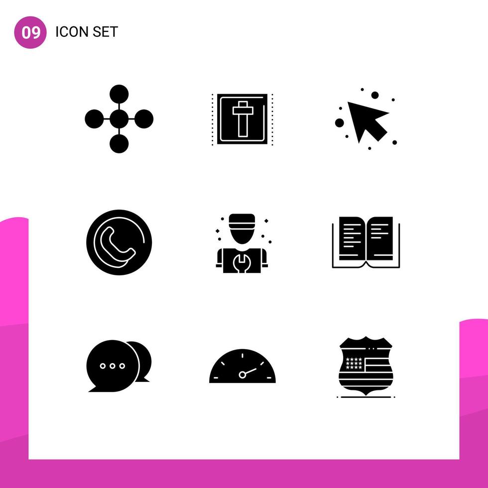Pack of 9 Modern Solid Glyphs Signs and Symbols for Web Print Media such as repair mechanic arrow man phone Editable Vector Design Elements