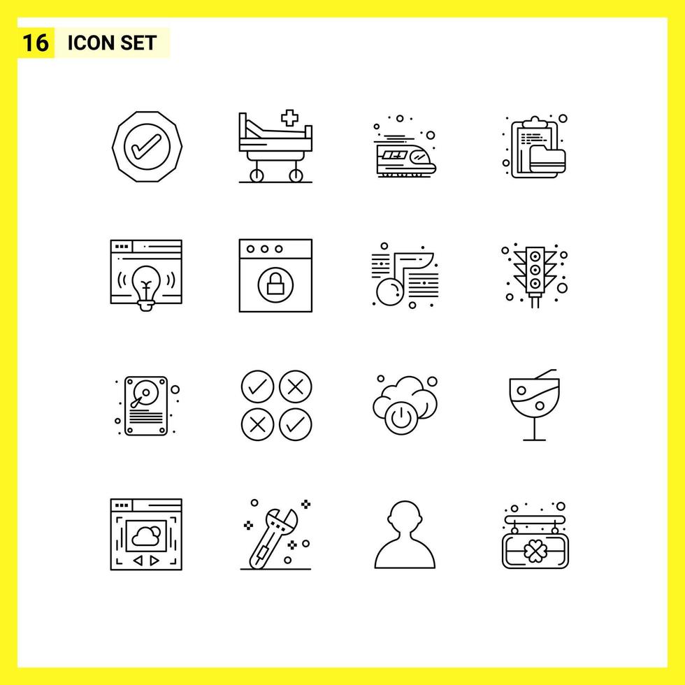 16 User Interface Outline Pack of modern Signs and Symbols of webpage interface train folder document Editable Vector Design Elements