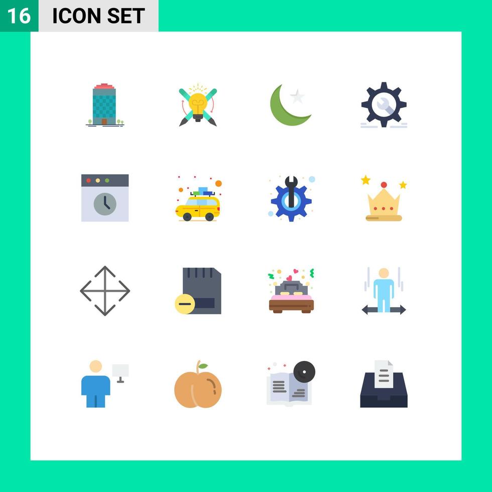 16 User Interface Flat Color Pack of modern Signs and Symbols of app wrench moon wheel setting Editable Pack of Creative Vector Design Elements