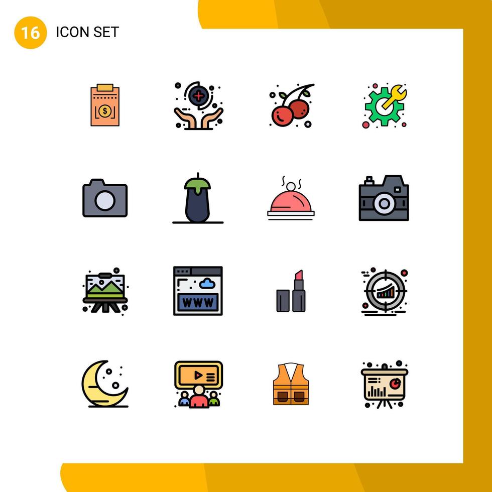 Mobile Interface Flat Color Filled Line Set of 16 Pictograms of camera preferences protect gear cherry Editable Creative Vector Design Elements