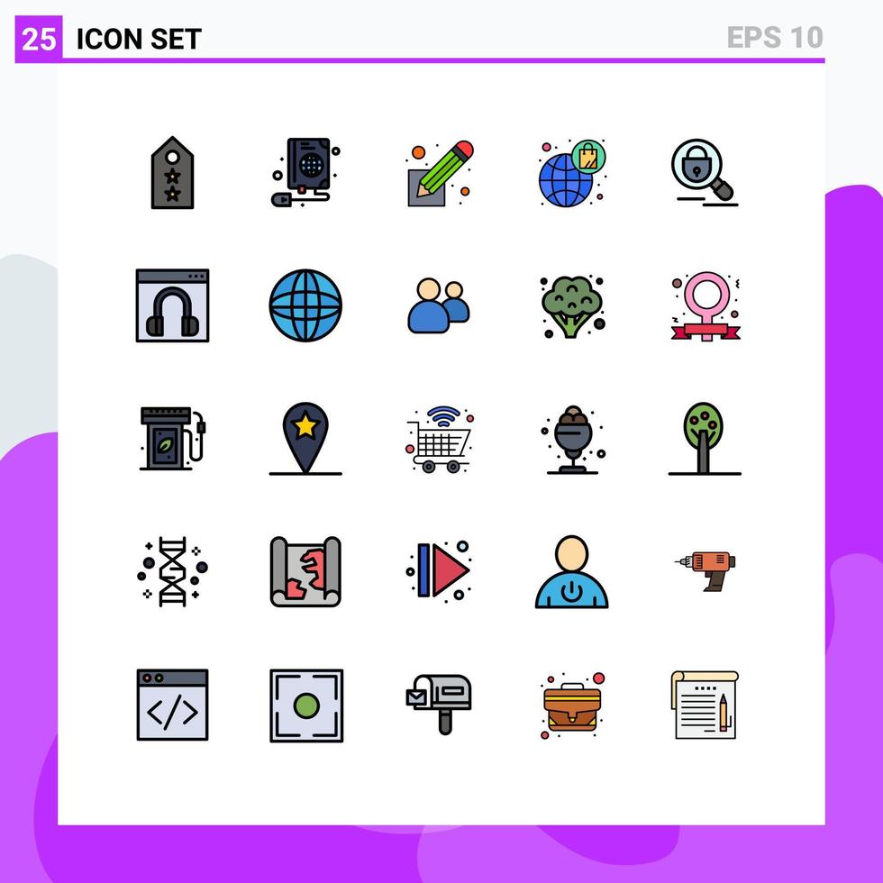 grupo de 25 signos y símbolos de colores planos de línea rellena para buscar elementos de diseño de vector editables de script global de globo de compras