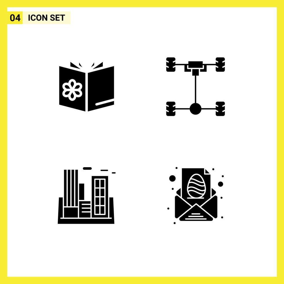 conjunto de 4 glifos sólidos vectoriales en cuadrícula para elementos de diseño vectorial editables de polución de coche de mezcla de fábrica de libros vector