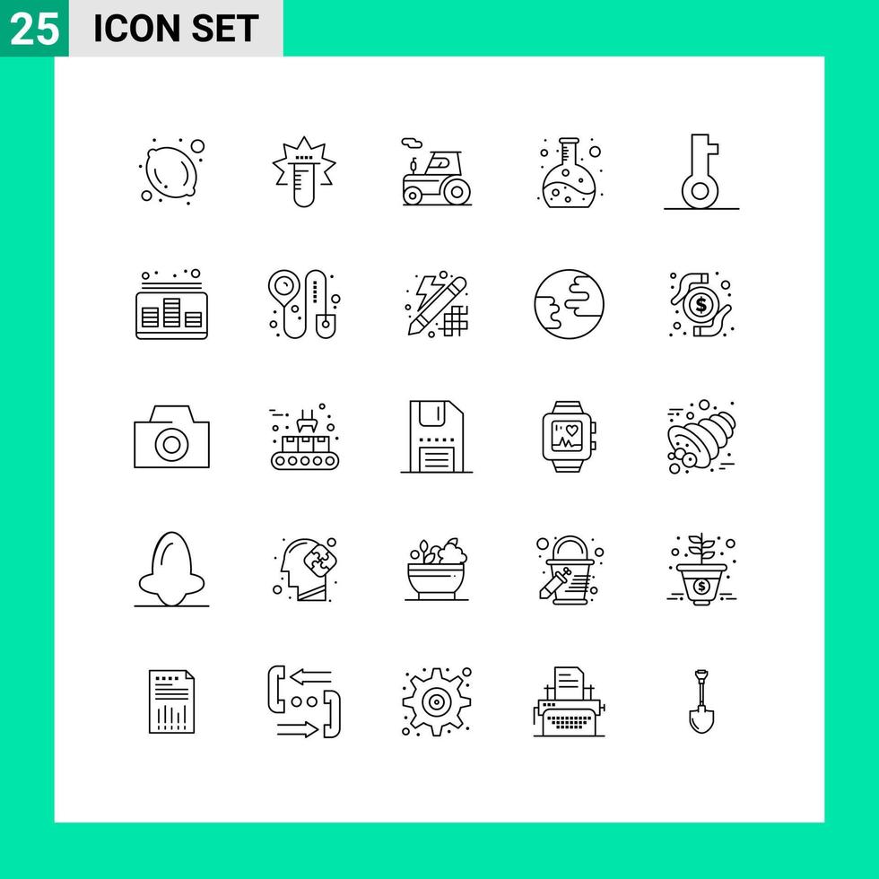 25 User Interface Line Pack of modern Signs and Symbols of security lock tractor key experiment Editable Vector Design Elements