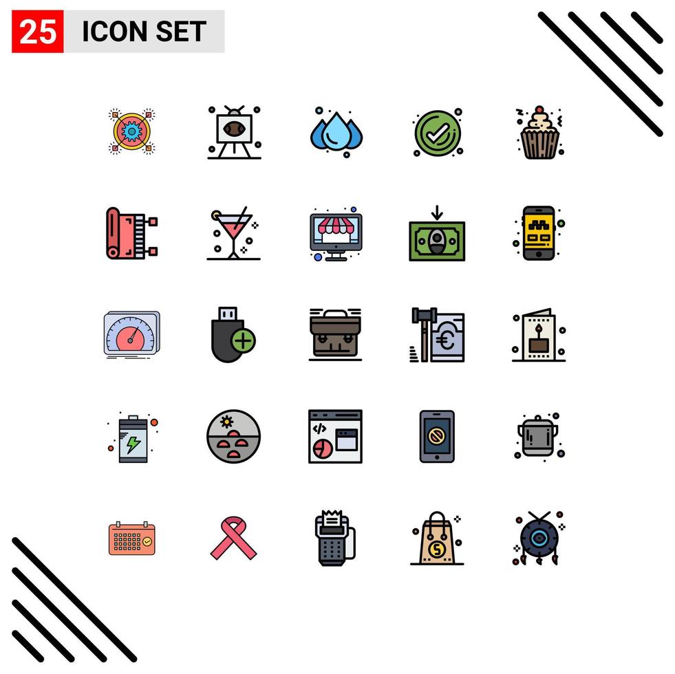 Set of 25 Vector Filled line Flat Colors on Grid for cake tick sports management weather Editable Vector Design Elements