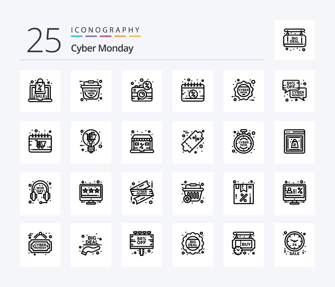 Cyber Monday 25 Line icon pack including discount. sale. digital. discount. calendar vector