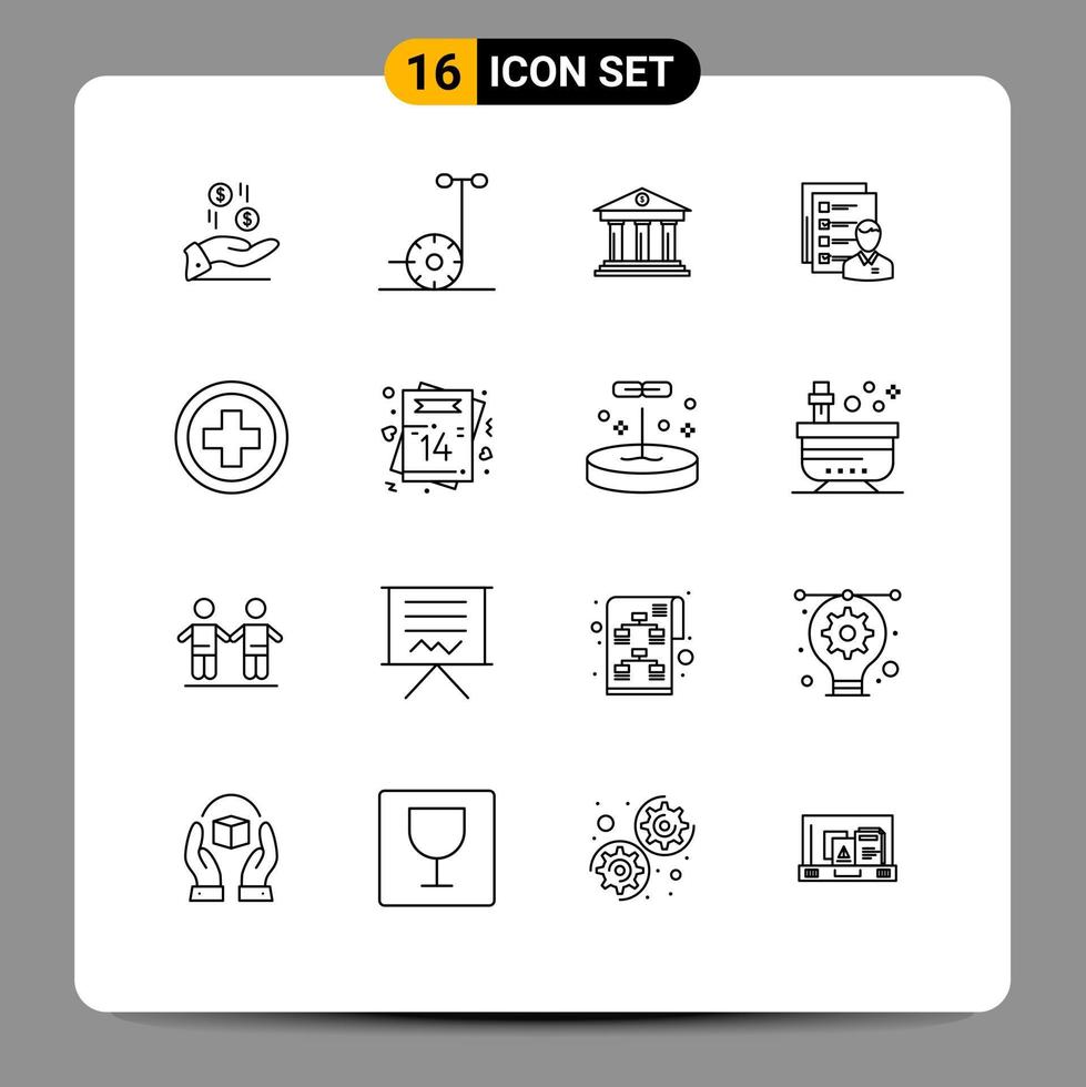 Pack of 16 Modern Outlines Signs and Symbols for Web Print Media such as job business bank abilities money Editable Vector Design Elements