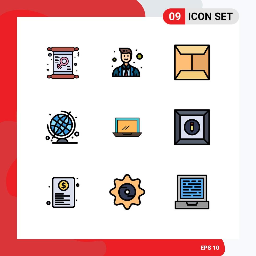 Pack of 9 Modern Filledline Flat Colors Signs and Symbols for Web Print Media such as device computer police globe education Editable Vector Design Elements