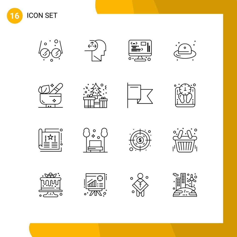 Mobile Interface Outline Set of 16 Pictograms of spa herbal development straw hat fashion Editable Vector Design Elements