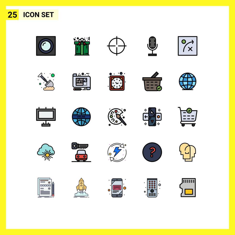 Group of 25 Filled line Flat Colors Signs and Symbols for strategy microphone fitness mic audio Editable Vector Design Elements