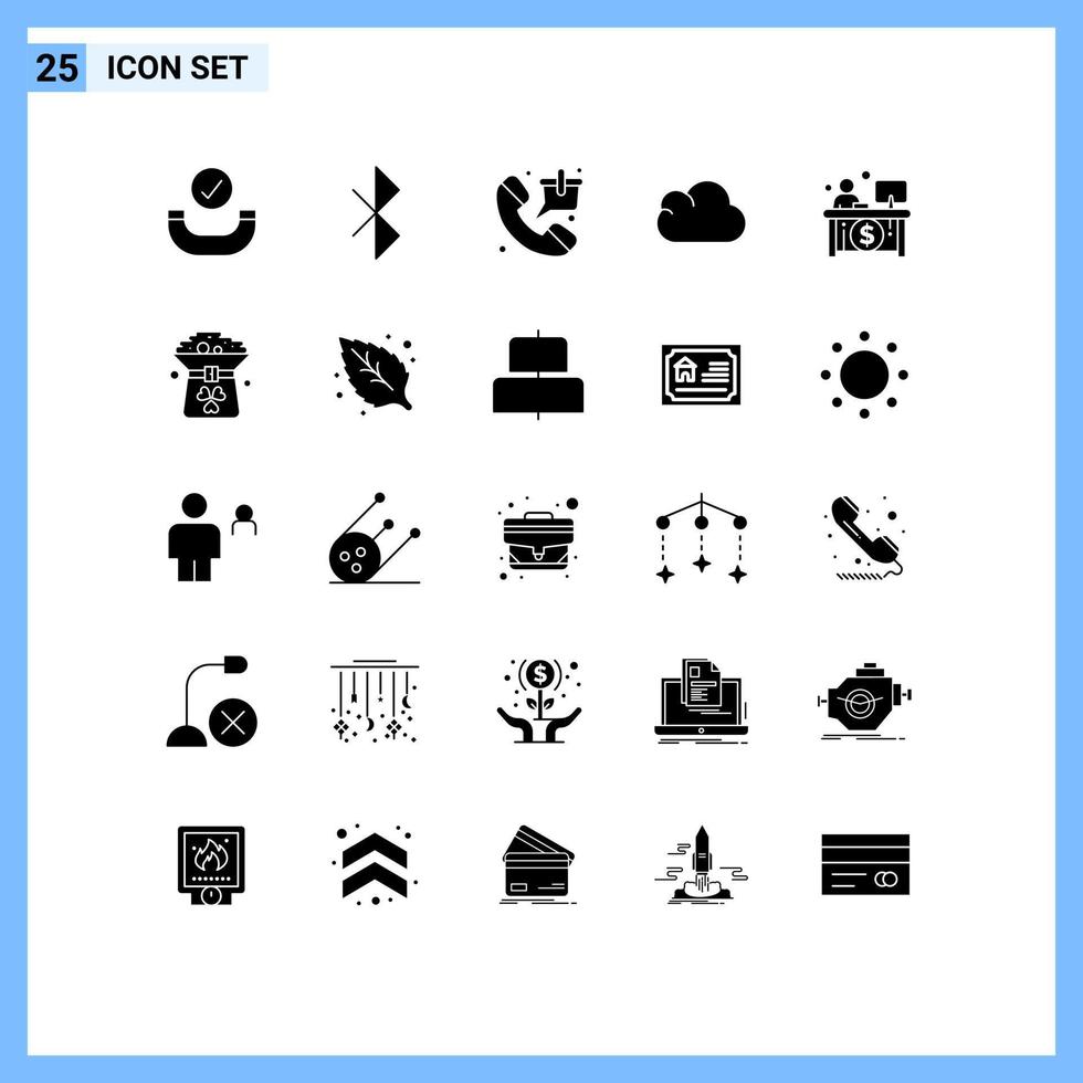 conjunto moderno de 25 glifos y símbolos sólidos, como elementos de diseño de vectores editables de datos comerciales de teléfonos de economía de caja