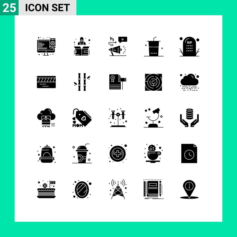 Mobile Interface Solid Glyph Set of 25 Pictograms of funeral cemetery audio shopping food Editable Vector Design Elements