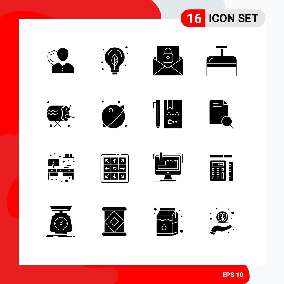 Mobile Interface Solid Glyph Set of 16 Pictograms of travel bag green lock email Editable Vector Design Elements