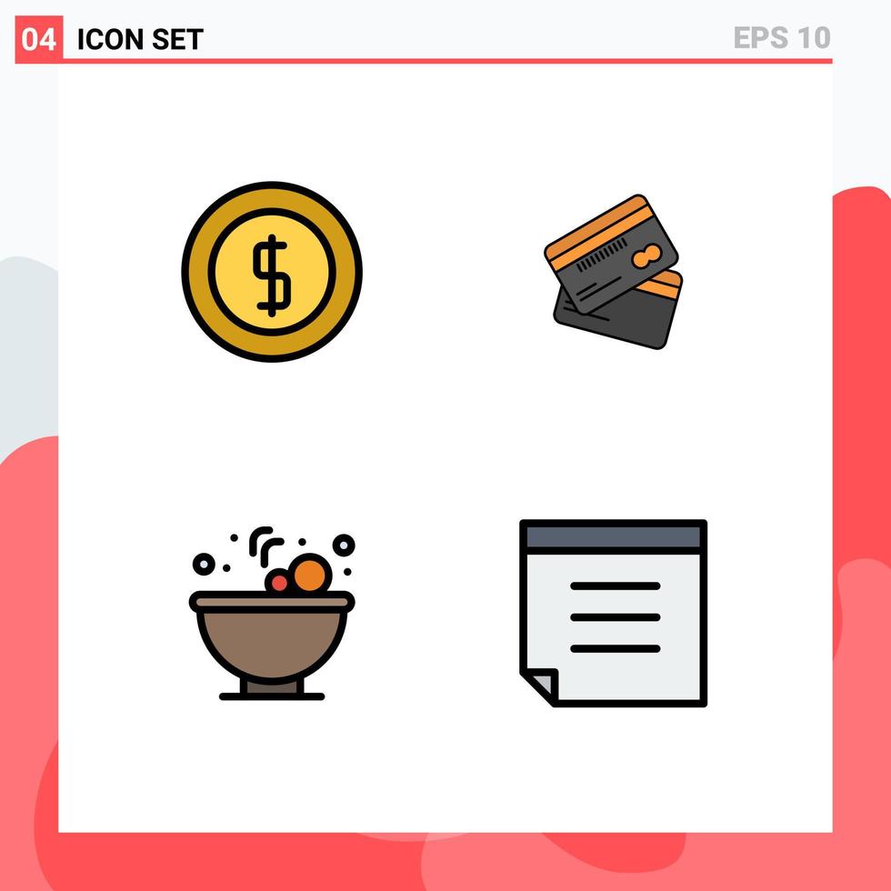 Universal Icon Symbols Group of 4 Modern Filledline Flat Colors of cash money money cards bowl Editable Vector Design Elements