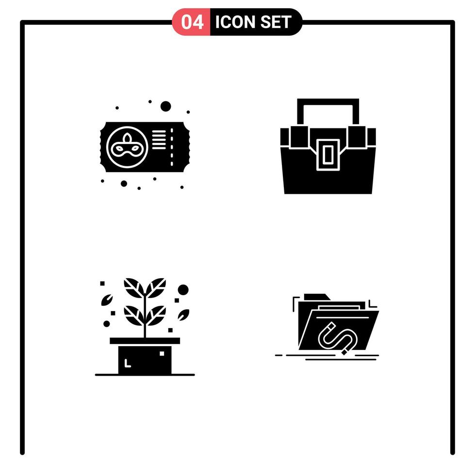 Mobile Interface Solid Glyph Set of 4 Pictograms of carnival herb ticket construction plant Editable Vector Design Elements