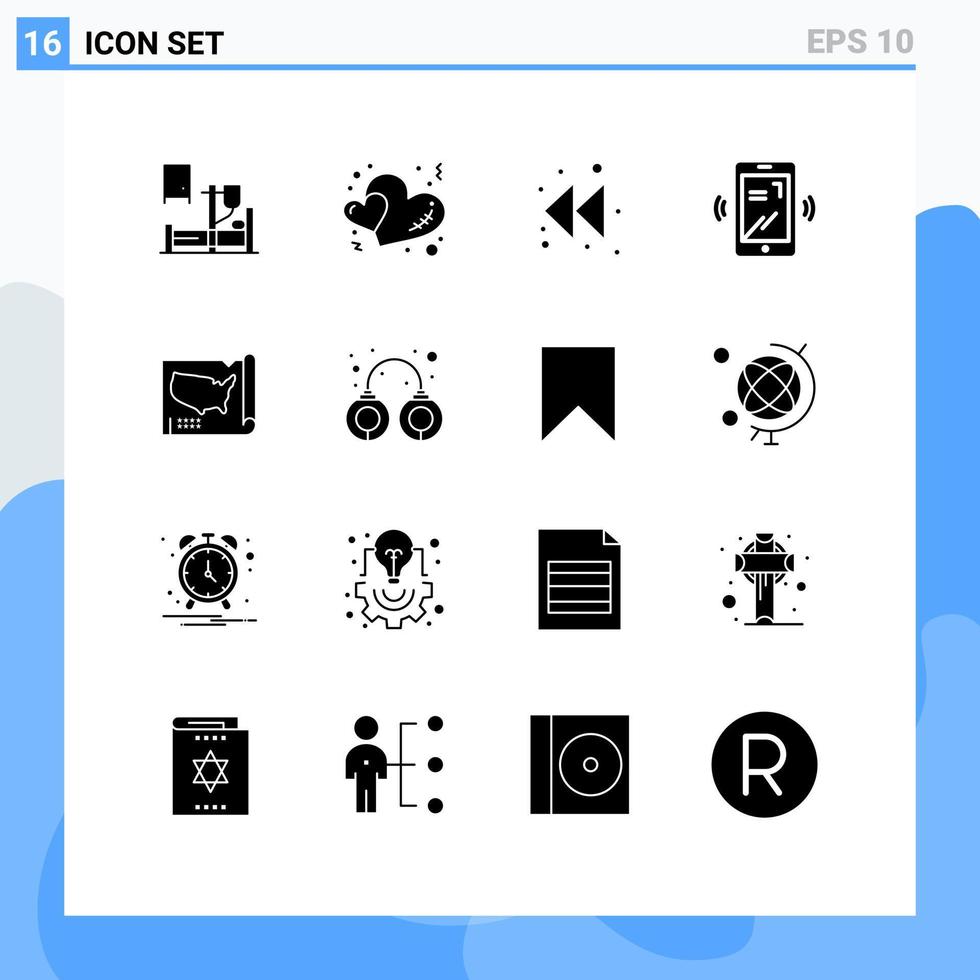 conjunto de 16 glifos sólidos vectoriales en la cuadrícula para los estados de EE. UU. mapa de flecha vibrar elementos de diseño vectorial editables vector