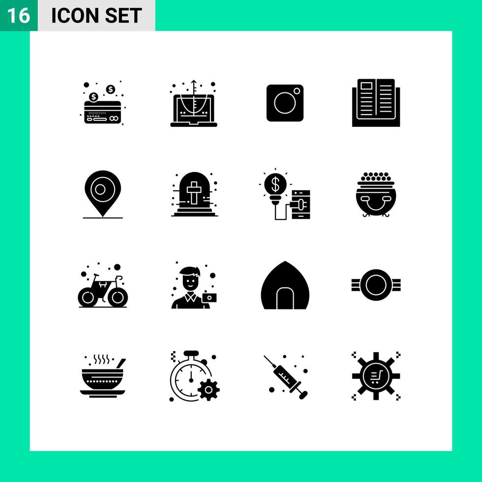 Group of 16 Solid Glyphs Signs and Symbols for map school instagram learning education Editable Vector Design Elements