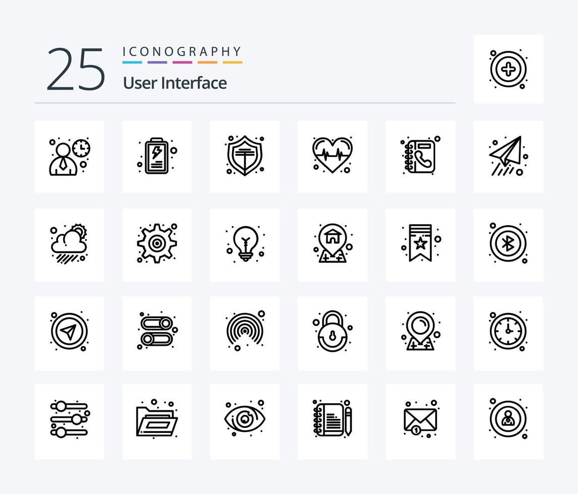 User Interface 25 Line icon pack including paper. phone. protect. directory. pulse vector