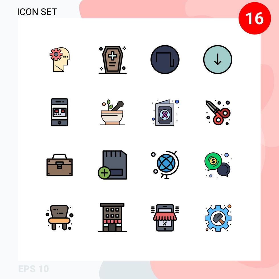 Group of 16 Modern Flat Color Filled Lines Set for card downloads horrible download arrow Editable Creative Vector Design Elements