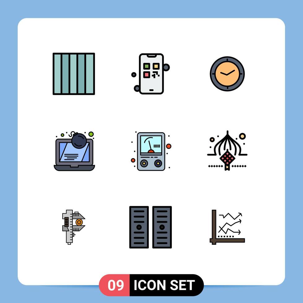 Universal Icon Symbols Group of 9 Modern Filledline Flat Colors of voltmeter ampere timer laptop computer Editable Vector Design Elements