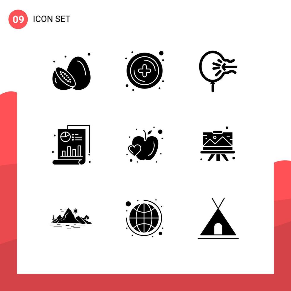 Modern Set of 9 Solid Glyphs and symbols such as apple chart air bar stress Editable Vector Design Elements