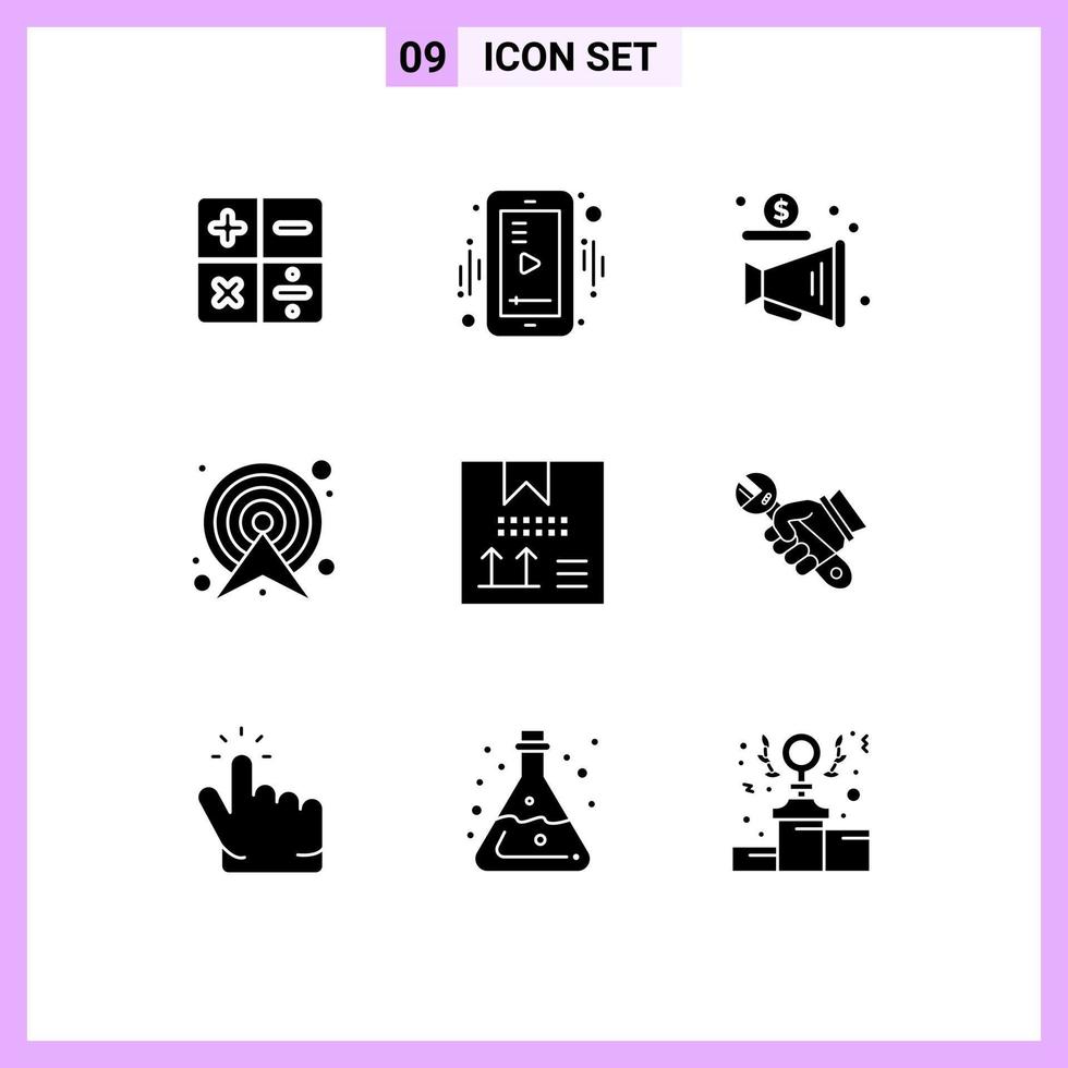 Pack of 9 Modern Solid Glyphs Signs and Symbols for Web Print Media such as coding route megaphone map target Editable Vector Design Elements