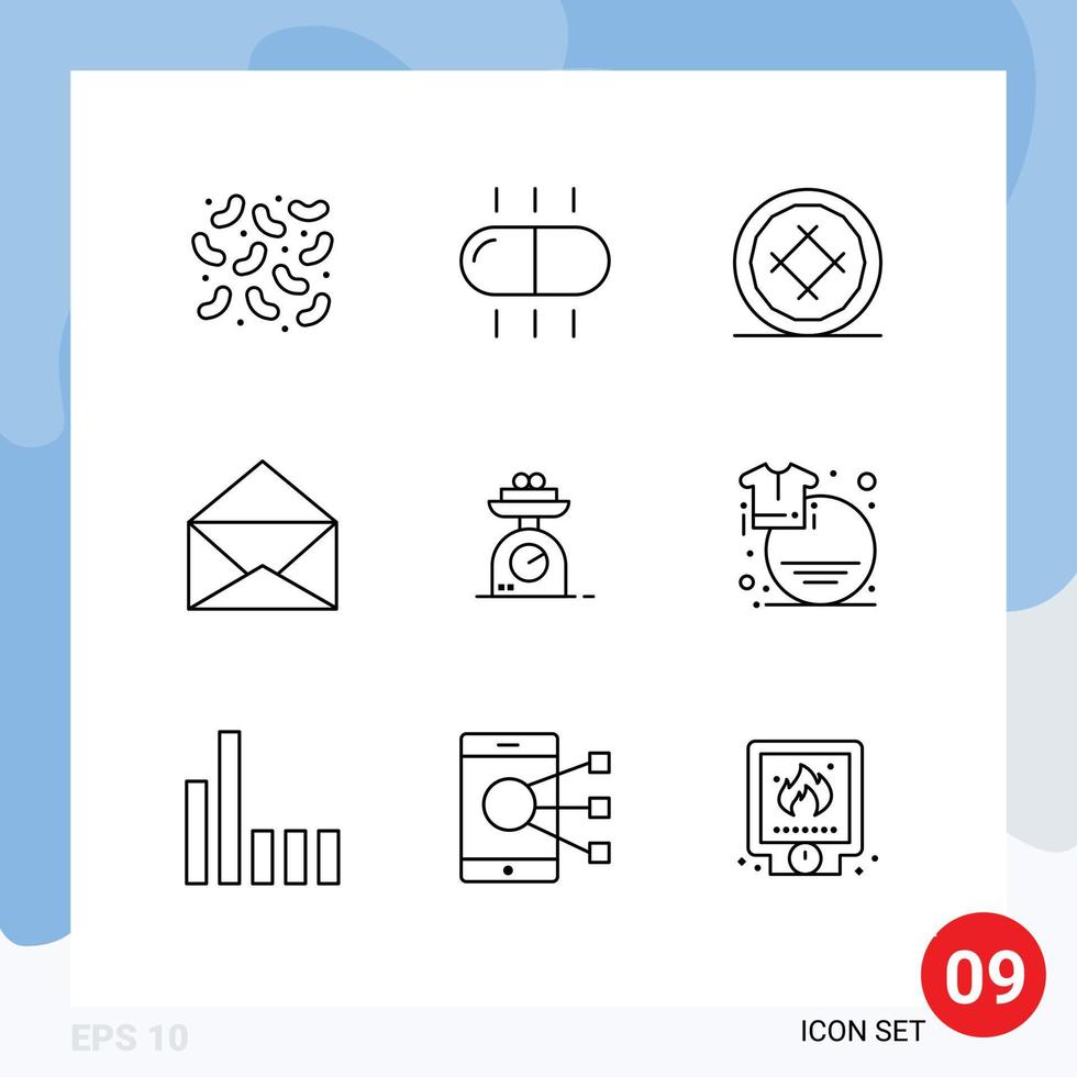 Pictogram Set of 9 Simple Outlines of weight scale dessert machine mail Editable Vector Design Elements