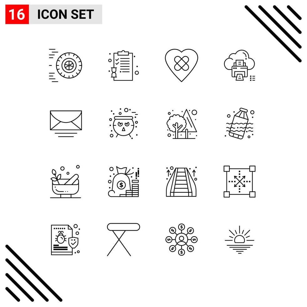 Pack of 16 Modern Outlines Signs and Symbols for Web Print Media such as message mail heart device print Editable Vector Design Elements