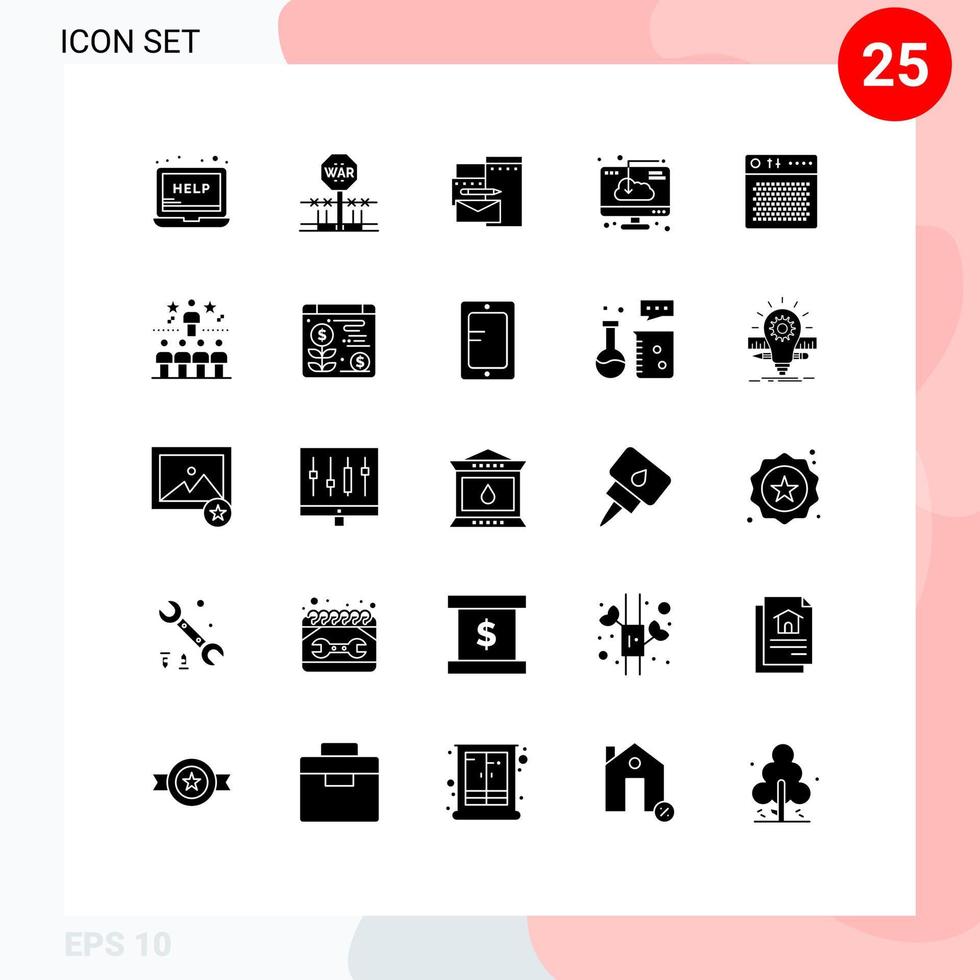 Set of 25 Commercial Solid Glyphs pack for software download occupy computer corporate Editable Vector Design Elements