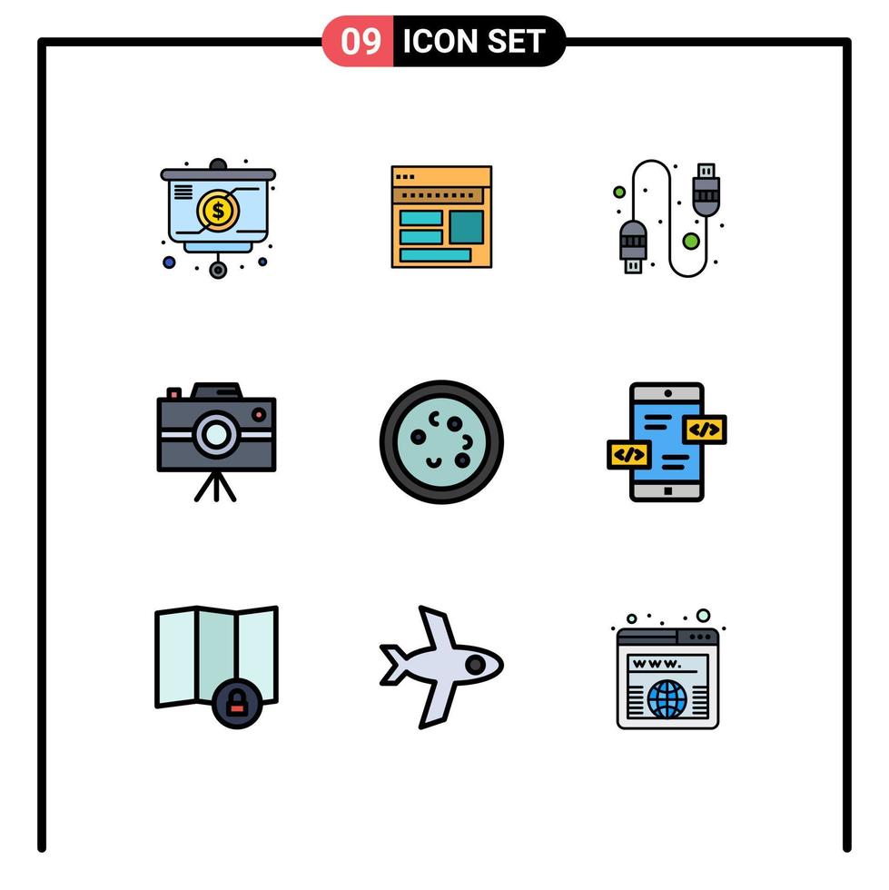 Universal Icon Symbols Group of 9 Modern Filledline Flat Colors of professional camera handycam page camcorder connection Editable Vector Design Elements