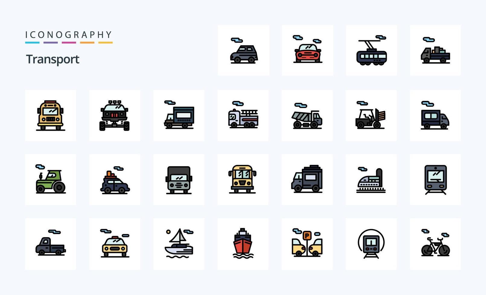 paquete de iconos de estilo lleno de 25 líneas de transporte vector