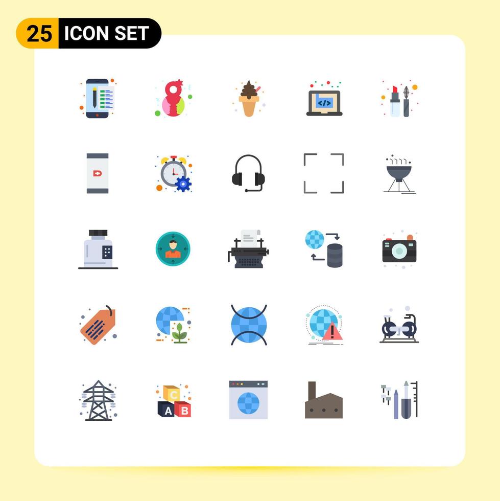 Mobile Interface Flat Color Set of 25 Pictograms of software creative woman code sweets Editable Vector Design Elements