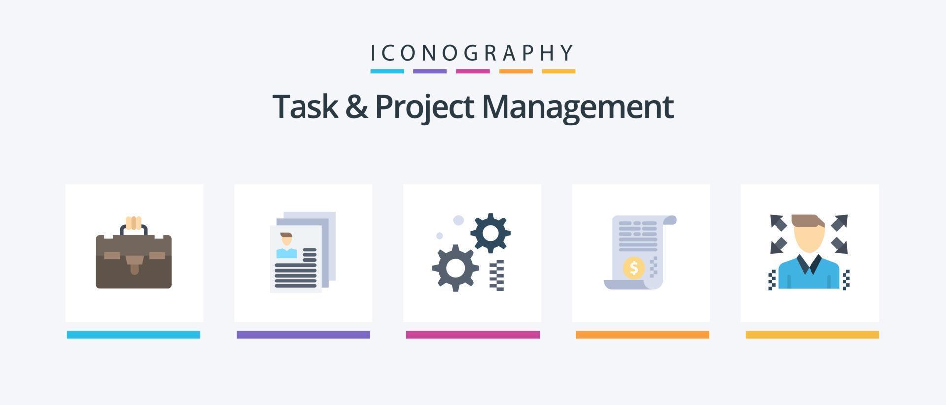 Task And Project Management Flat 5 Icon Pack Including profile. businessman. cogwheel. finance. attachment. Creative Icons Design vector