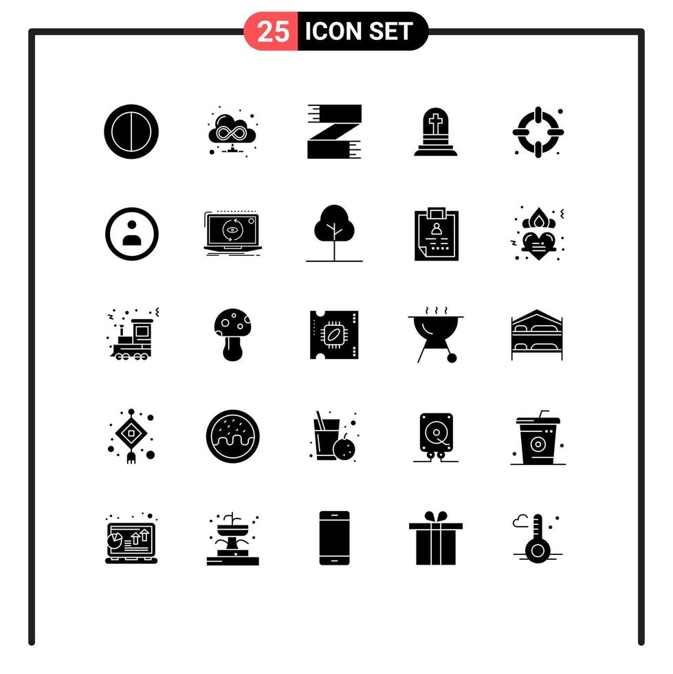Editable Vector Line Pack of 25 Simple Solid Glyphs of interface life footwear insurance gravestone Editable Vector Design Elements