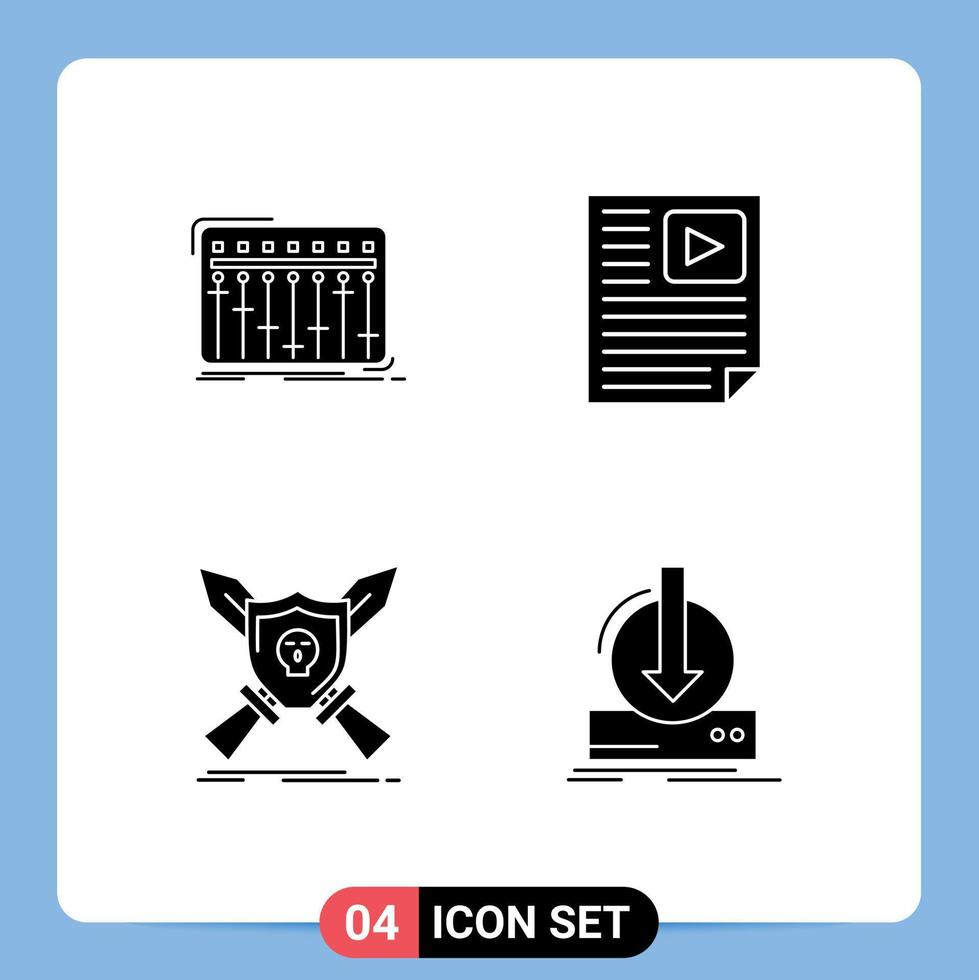 Pack of 4 Modern Solid Glyphs Signs and Symbols for Web Print Media such as console video music page emblem Editable Vector Design Elements