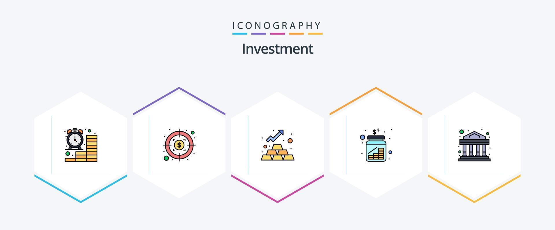 paquete de iconos de inversión de 25 líneas completas, incluido el banco. dinero. finanzas. frasco. dinero vector