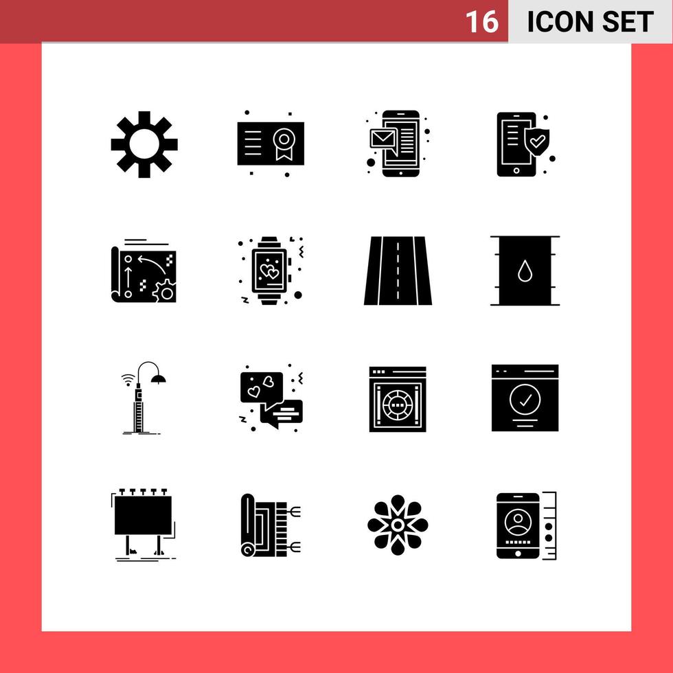 Universal Icon Symbols Group of 16 Modern Solid Glyphs of setting app email shield insurance Editable Vector Design Elements