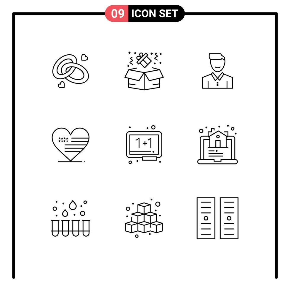 paquete de 9 signos y símbolos de contornos modernos para medios de impresión web, como elementos de diseño de vectores editables de hombre de usuario de avatar de corazón americano