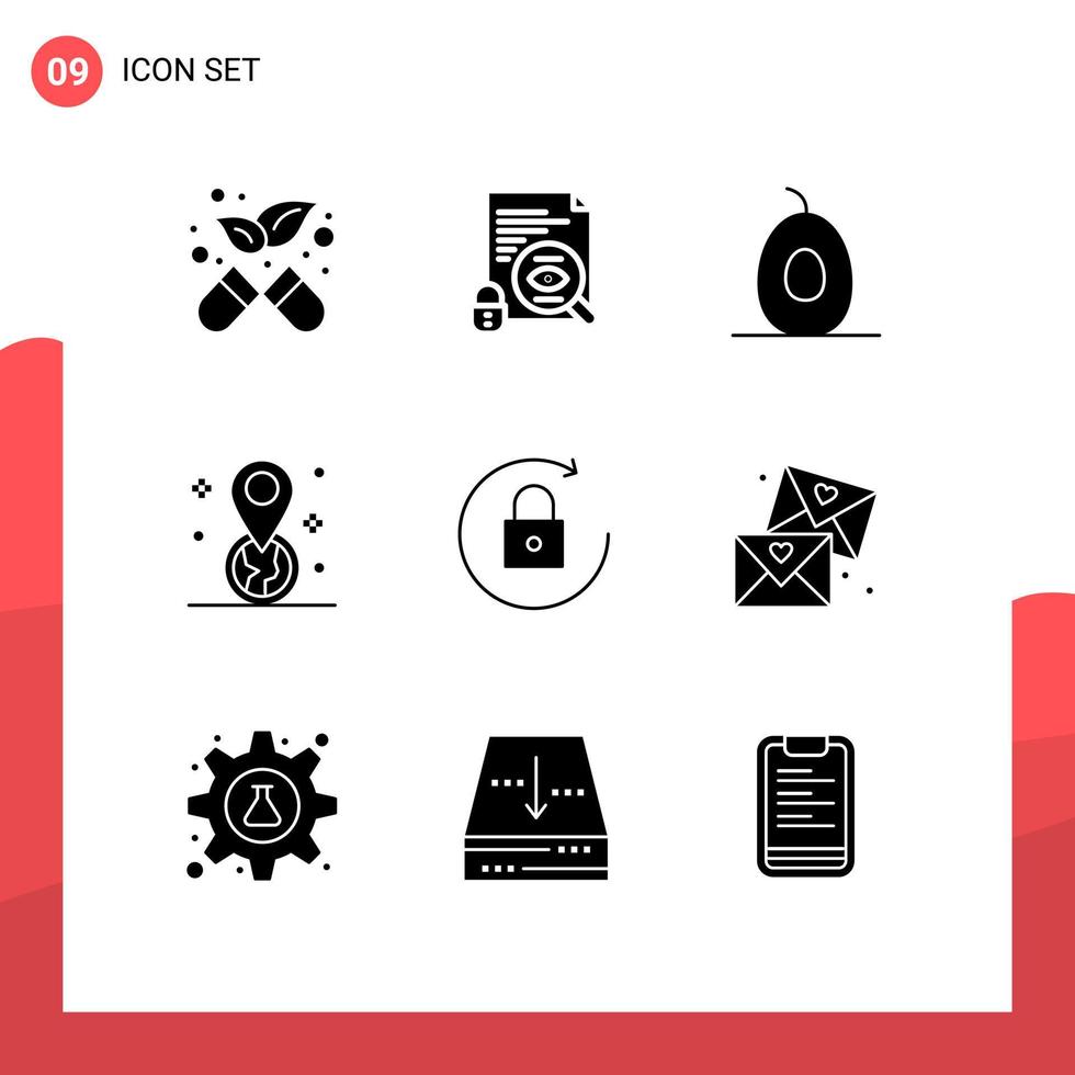 Set of 9 Commercial Solid Glyphs pack for email lock food arrow location Editable Vector Design Elements