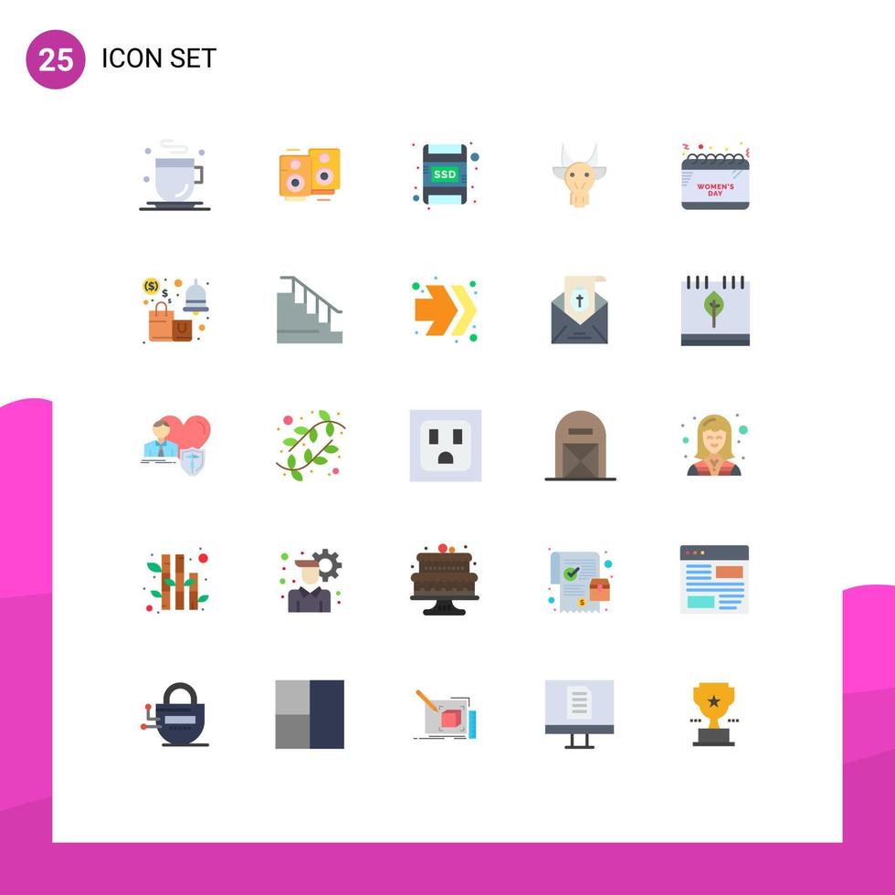Modern Set of 25 Flat Colors Pictograph of time calendar memory card skull bull Editable Vector Design Elements