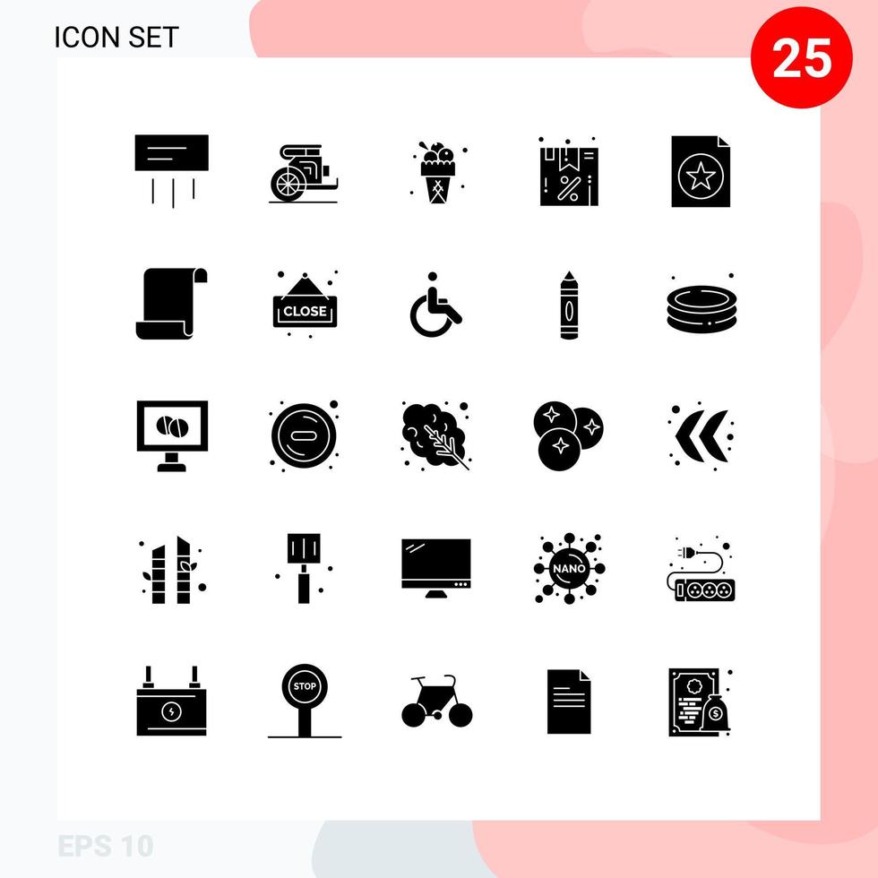 Pack of 25 Modern Solid Glyphs Signs and Symbols for Web Print Media such as document sale greece package summer Editable Vector Design Elements