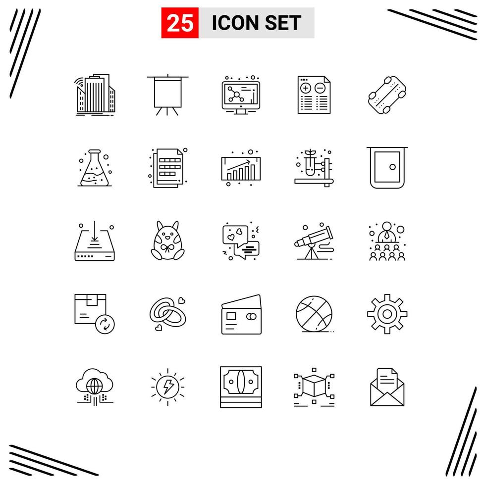 Modern Set of 25 Lines Pictograph of skateboard minus atom plus document Editable Vector Design Elements