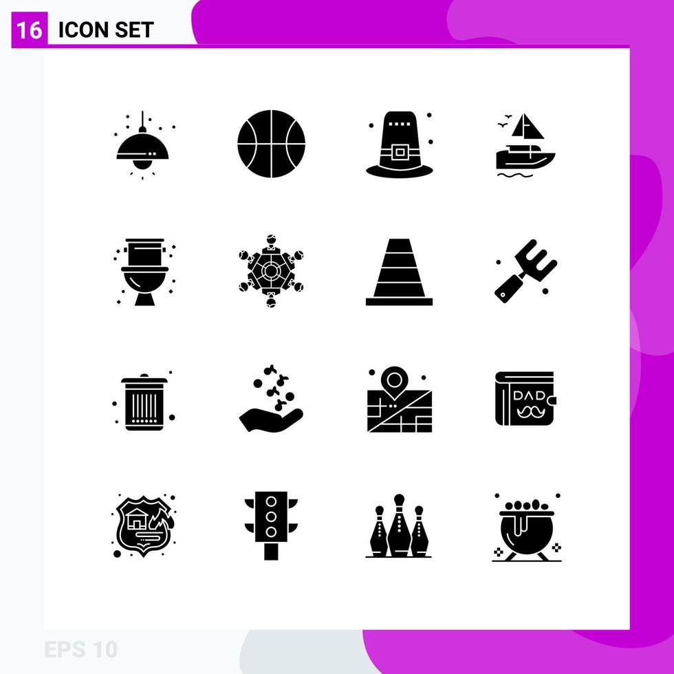 Universal Icon Symbols Group of 16 Modern Solid Glyphs of plumbing mechanical hat vessel ship Editable Vector Design Elements