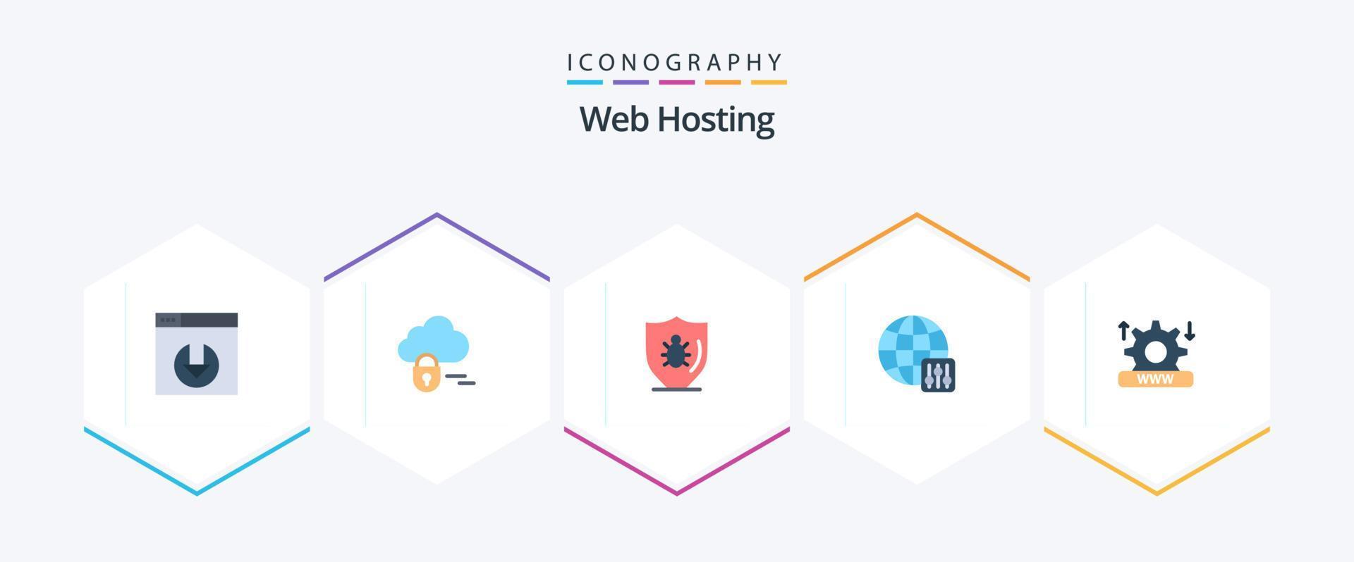 Web Hosting 25 Flat icon pack including setting. security. protect. internet. configuration vector