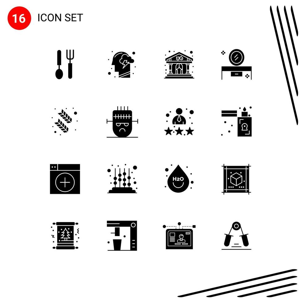 Set of 16 Commercial Solid Glyphs pack for mirror table dressing table energy beauty table building Editable Vector Design Elements