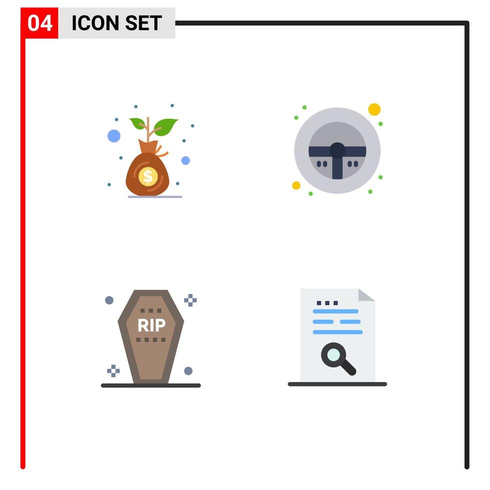 paquete de 4 iconos planos modernos, signos y símbolos para medios de impresión web, como ataúd económico, bolsa de dinero, volante, elementos de diseño de vectores editables funerarios